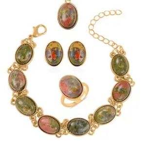 💥 Semi Precious Stone Bracelet, Earrings, Ring & Pendant Necklace in Gold Tone